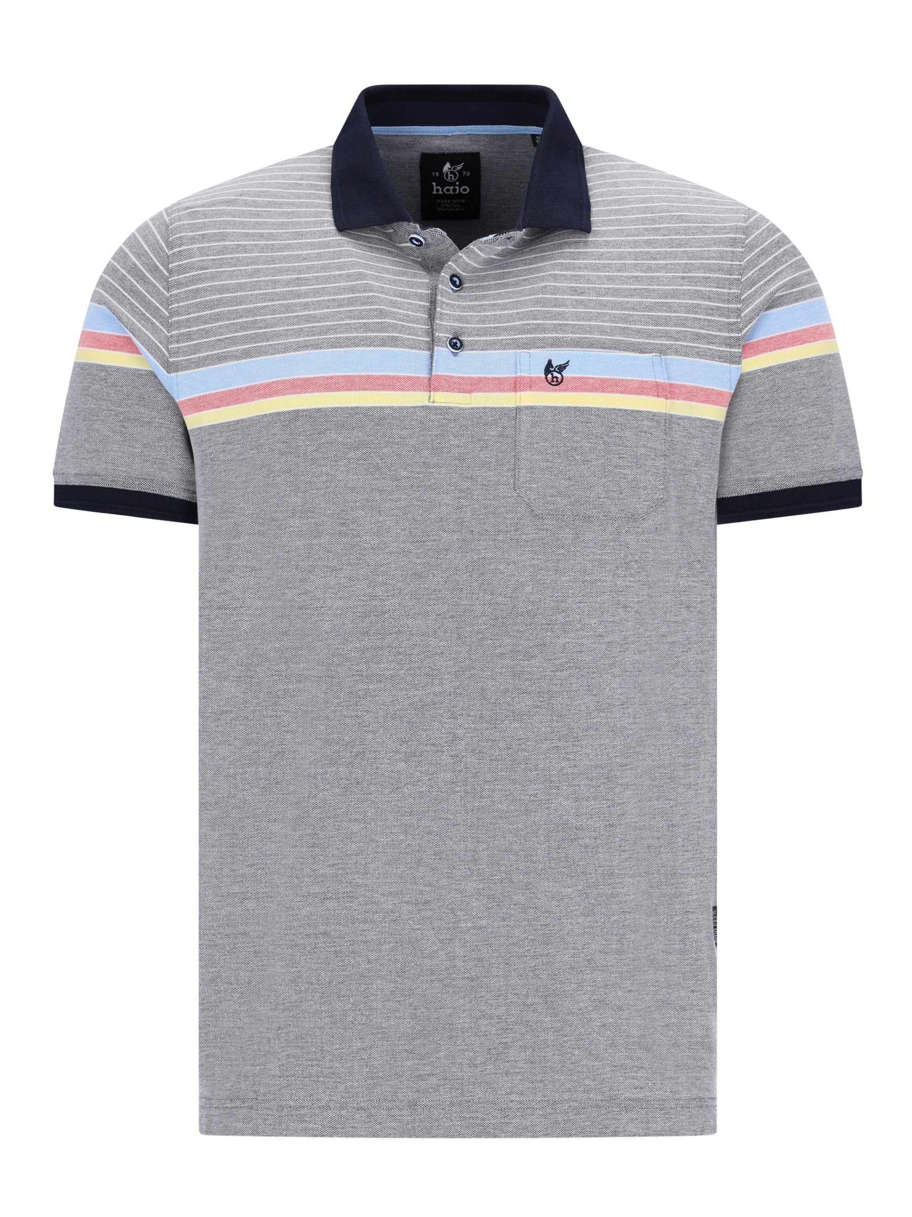 Graue Pikee-Polo Dessinmix mit navy Kragen, pastellfarbenem Streifenband