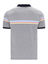 Graue Pikee-Polo Dessinmix mit navy Kragen, Streifenband in Pastelltönen