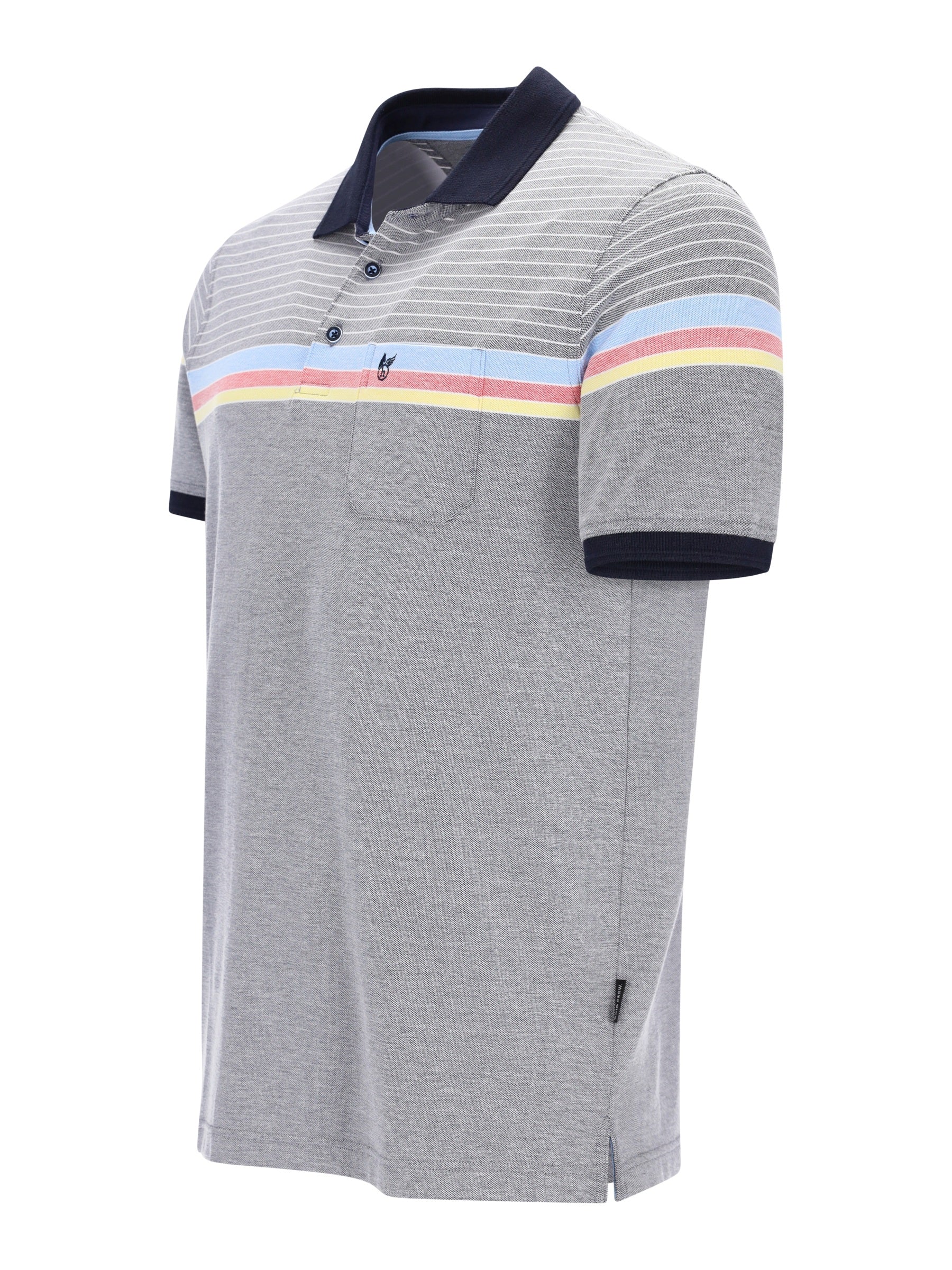 Graue Pikee-Polo Dessinmix mit Navy-Kragen, pastellfarbenem Streifen