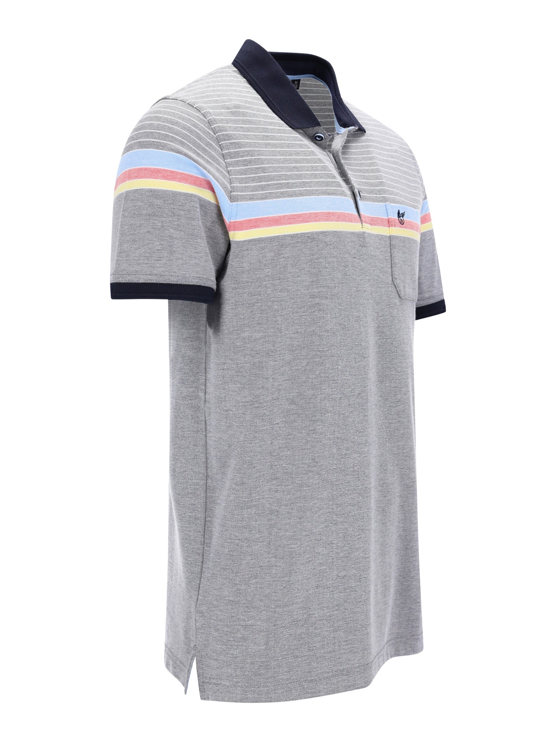 Graue Pikee-Polo Dessinmix mit navy Kragen, pastellgestreiften Schultern