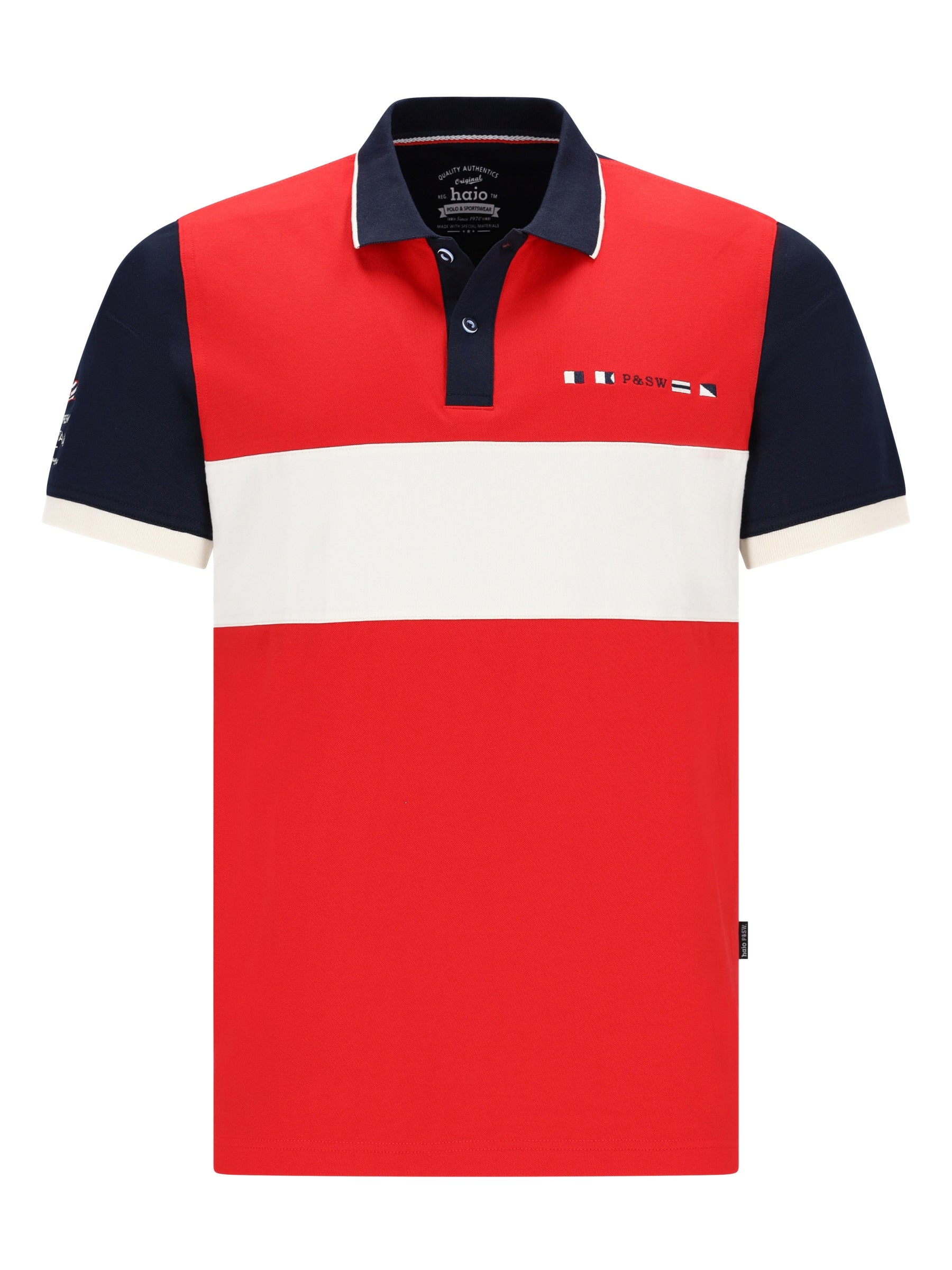 Pikee-Poloshirt mit Flächenteiler in Rot, Marineblau und Weiss, Logo vorne