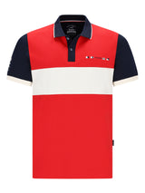 Pikee-Poloshirt mit Flächenteiler in Rot, Marineblau und Weiss, Logo vorne