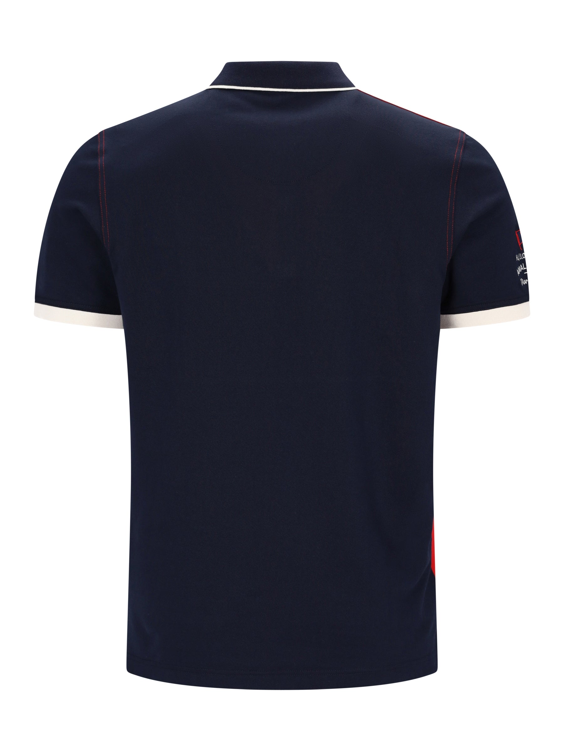 Marineblaues Pikee-Poloshirt mit Flächenteiler, weißem Saum, roter Naht