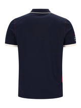 Marineblaues Pikee-Poloshirt mit Flächenteiler, weißem Saum, roter Naht