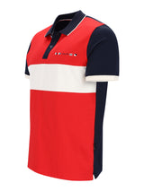 Roter, marineblauer und weisser Pikee-Poloshirt mit Flächenteiler und Logo