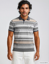 A men short-sleeved polo shirt in stay fresh-qualität with gray stripes and subtle geometric pattern by hajo mode