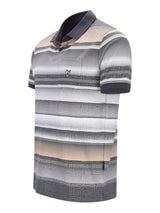 Feinpikee-Poloshirt Graubeige gestreift mit Alloverdruck und Stay-Fresh