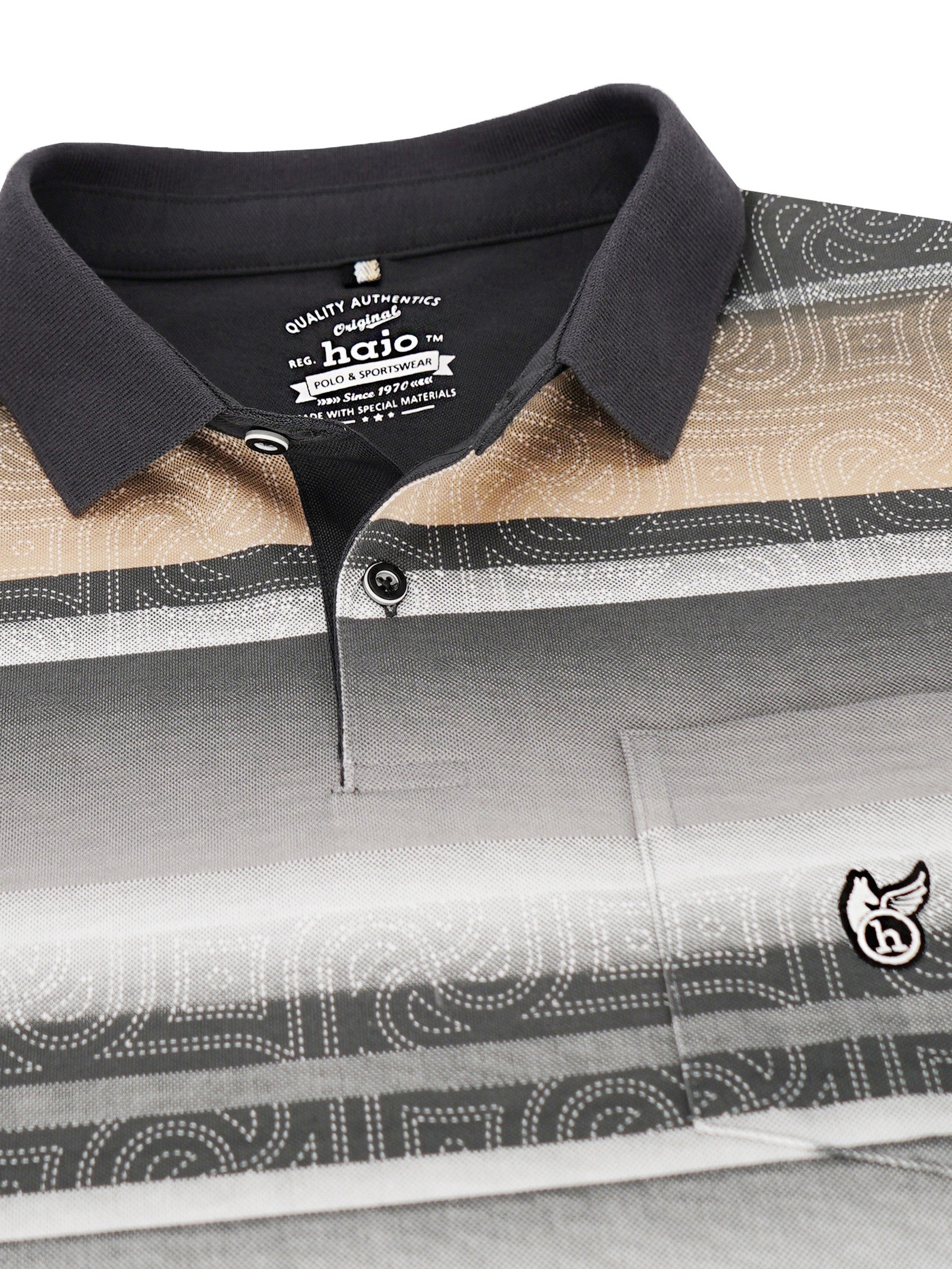 Feinpikee-Poloshirt mit Alloverdruck, schwarzer Kragen, Streifenmuster