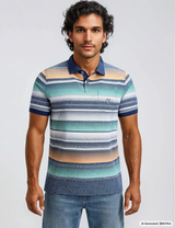 Men polo shirt with horizontal teal beige and navy stripes and subtle geometric pattern in stay fresh-qualität by hajo mode