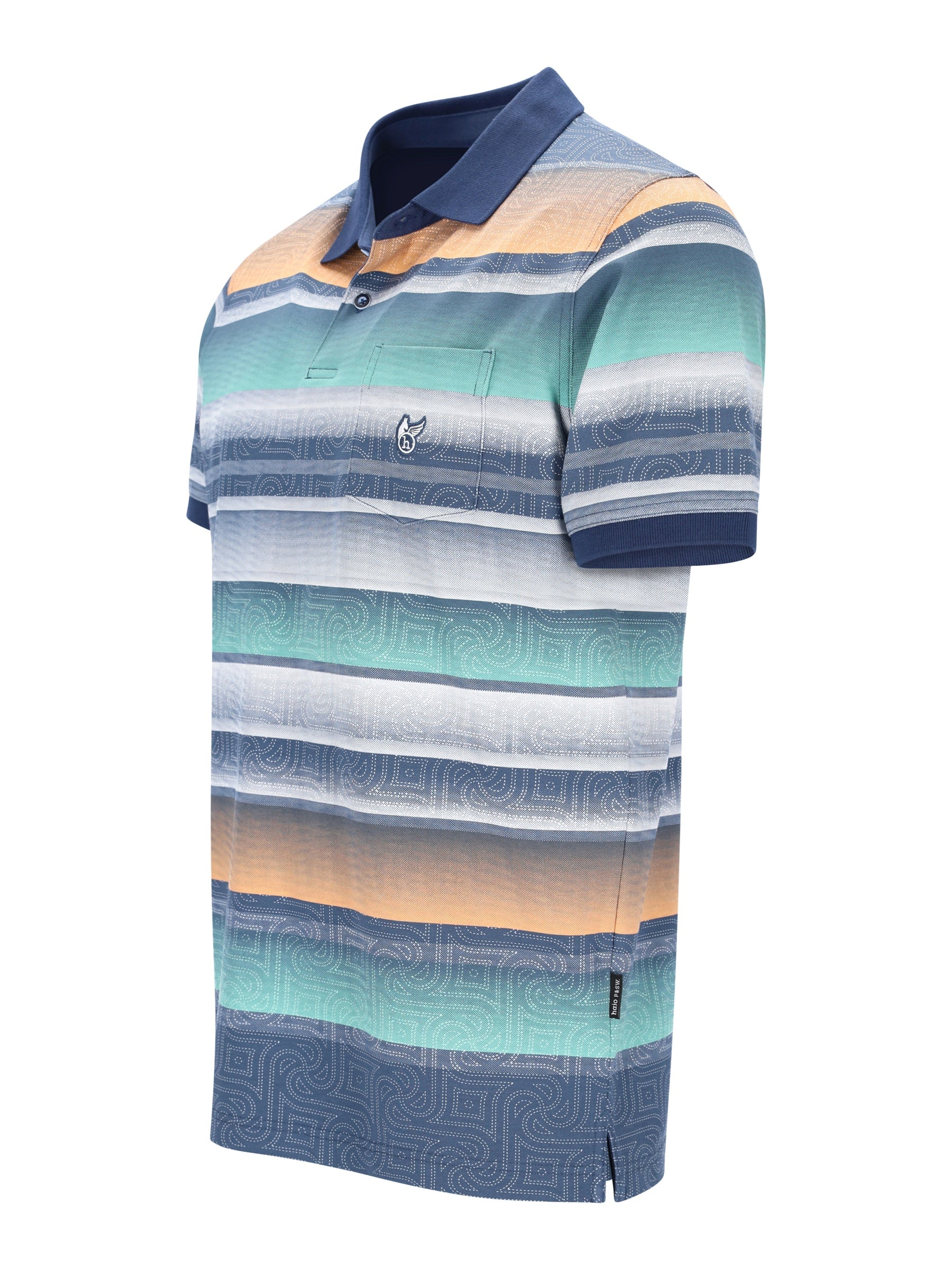 Feinpikee-Poloshirt mit Alloverdruck in stay fresh-Qualität, teal-blau-beige Streifen