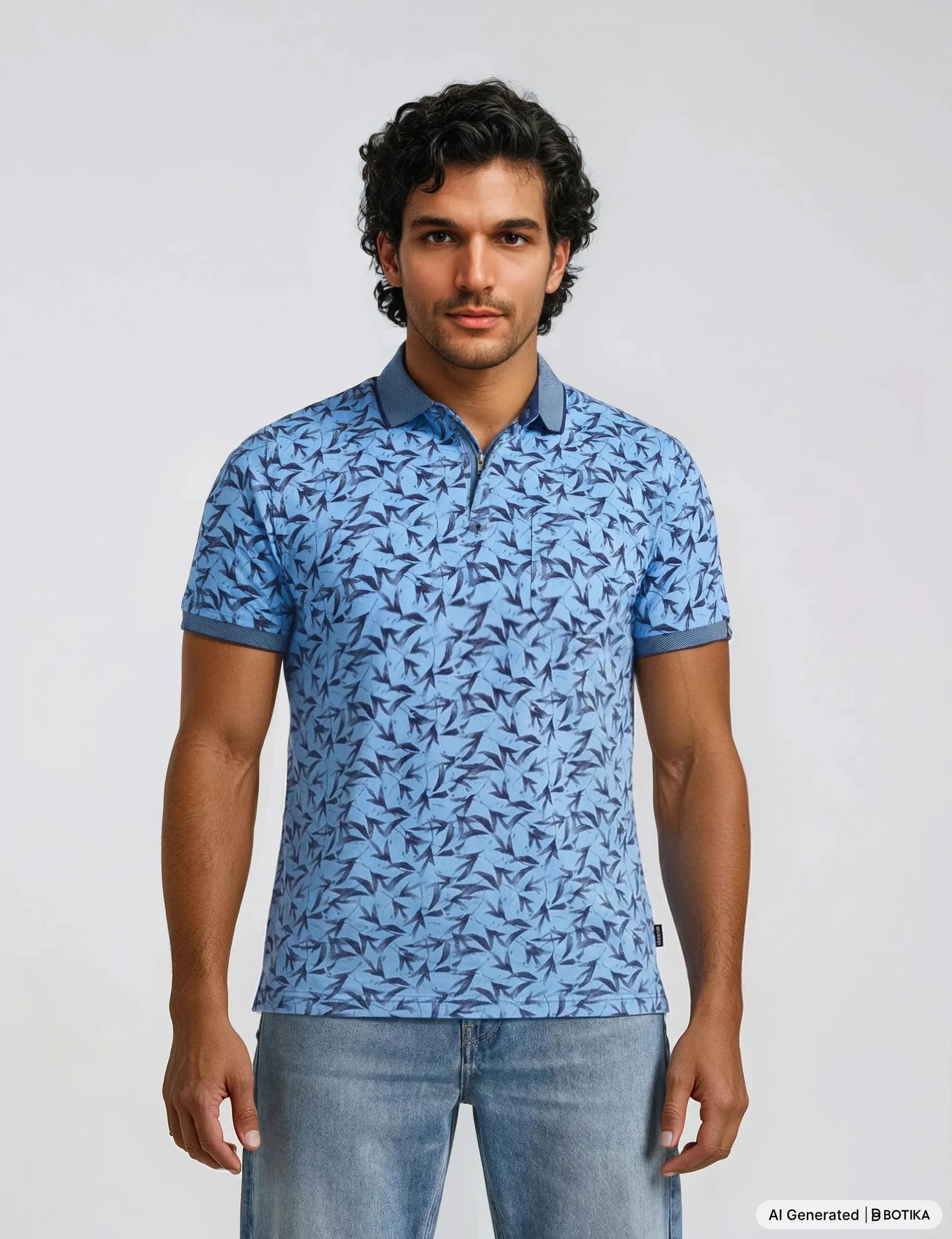 Blaues poloshirt mit floralem alloverdruck und stay fresh-qualität von hajo mode mit dunkelblauen blattmotiven
