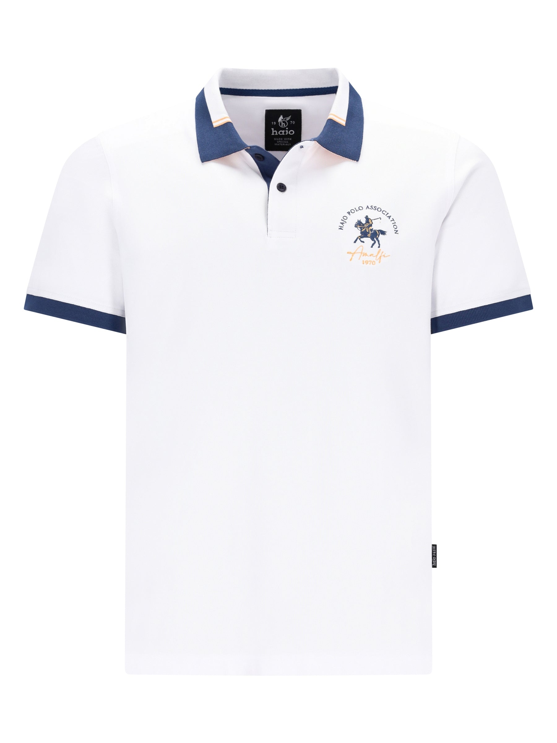 Weiße Pikee-Polo mit dezenter Pferdestickerei, navy Kragen und Ärmel, stay fresh