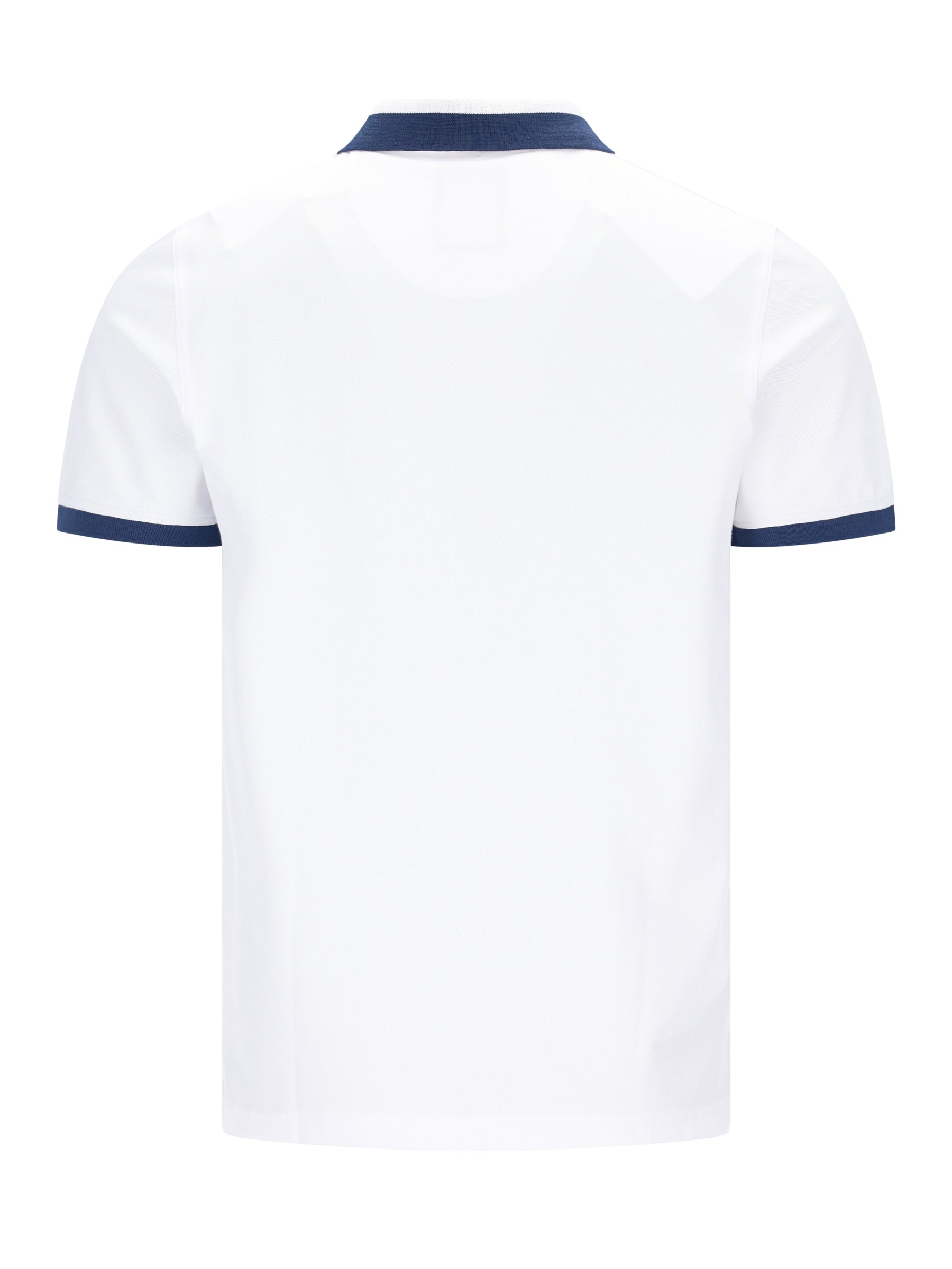 Weißes Pikee-Polohemd mit dezenter Bruststickerei, navyblauem Kragen und Manschetten in Stay-Fresh-Qualität