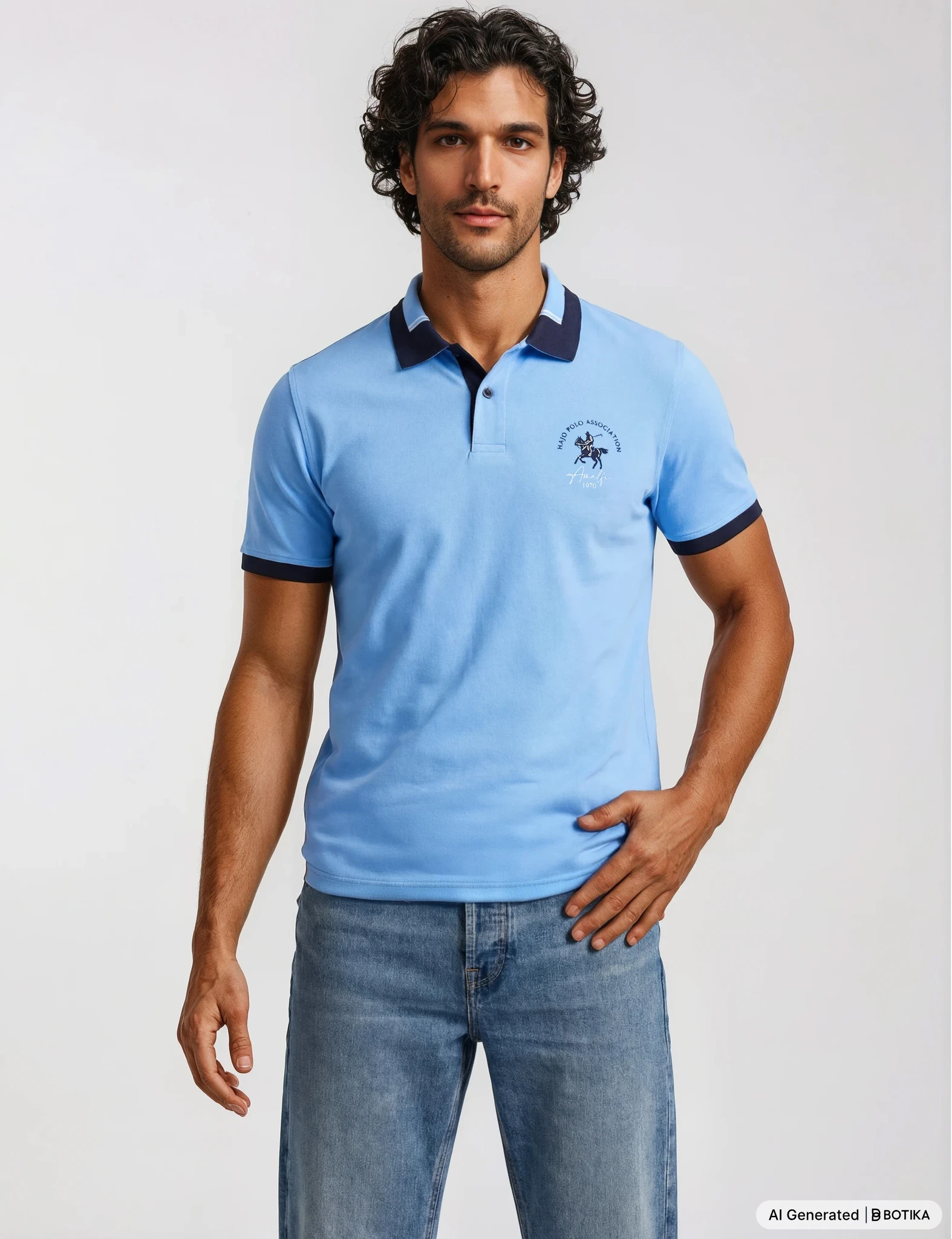 Hellblaues pikee-polo mit navy kragen und ärmelabschluss in stay fresh-qualität mit dezenter bruststickerei von hajo mode