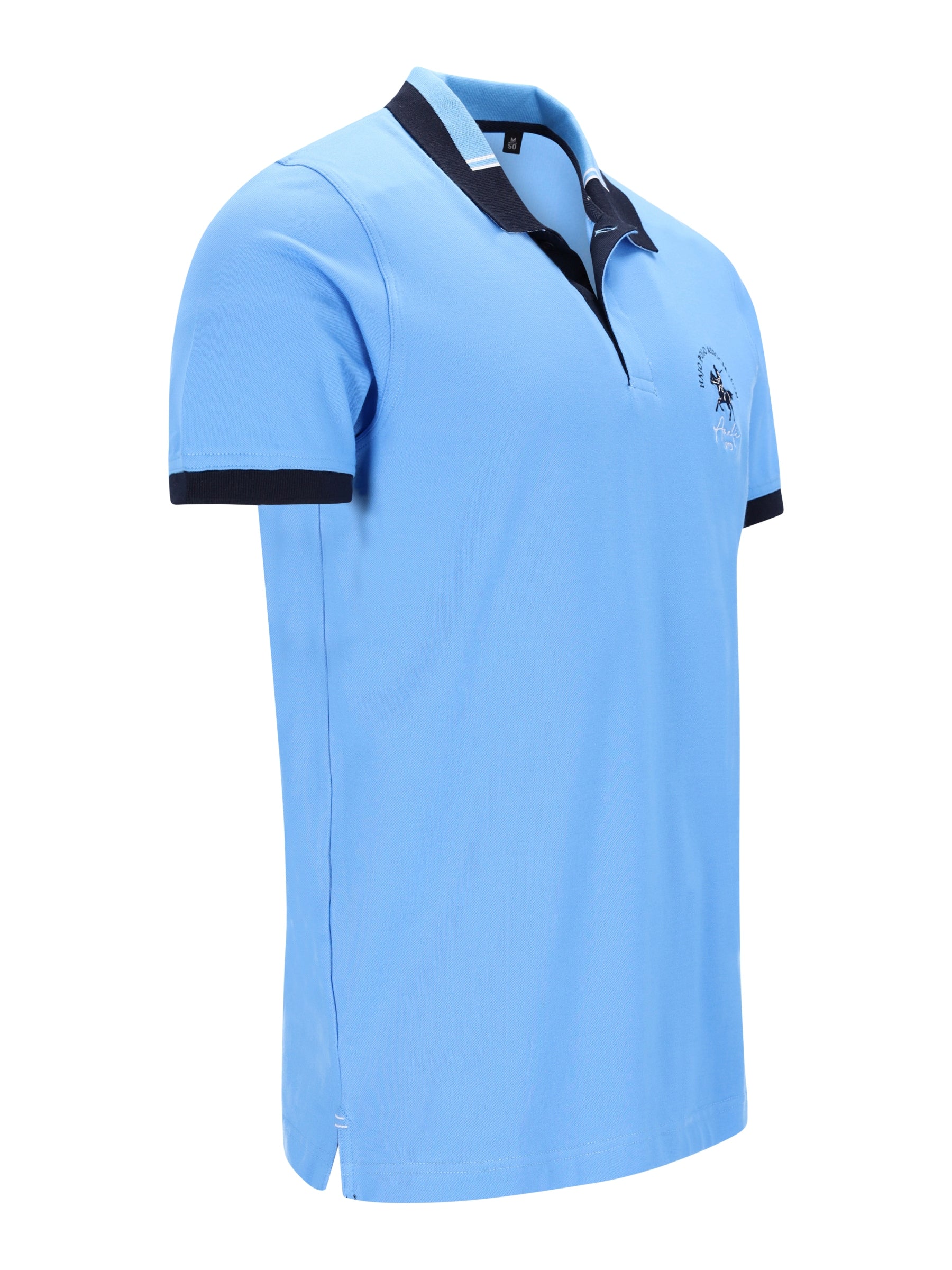 Hellblaues Pikee-Polo mit dezenter Bruststickerei, navy Kragen und Ärmel, Stay Fresh-Qualität