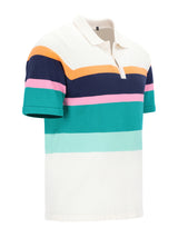 Gestricktes Poloshirt mit platzierten Retrostreifen in Navy, Teal, Pink, Orange und Weiss