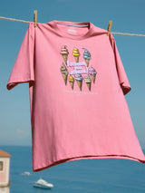 Rosa Rundhals-T-Shirt mit Frontdruck: Bunte Eiscreme-Grafik i scream for ice cream