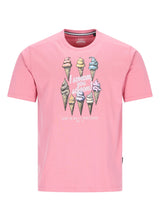 Rosa Rundhals-T-Shirt mit Frontdruck: Bunte Eiscreme-Motive und i scream you scream