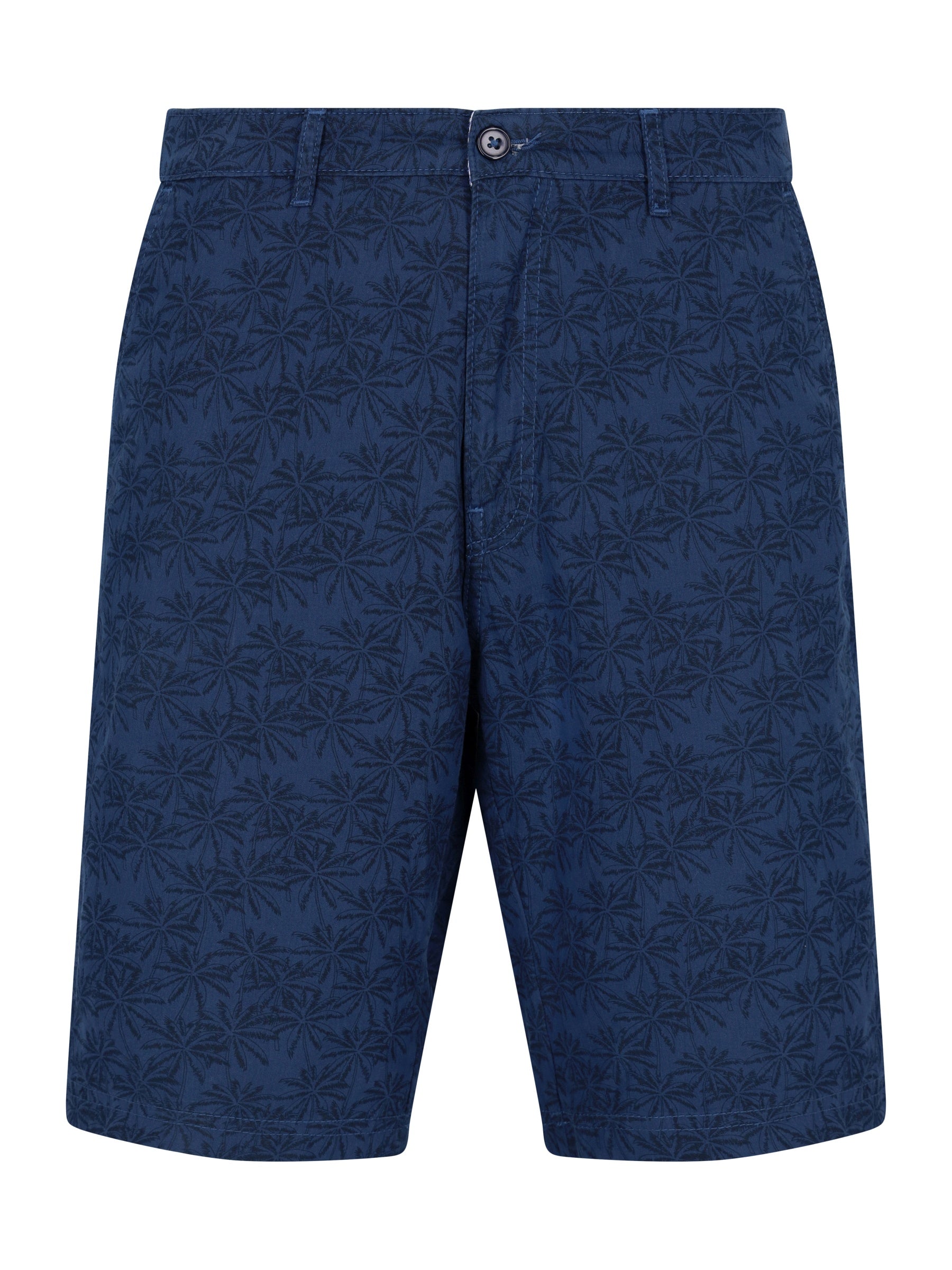 Dunkelblaue elastische Bermudashort mit dezentem Palmenmuster