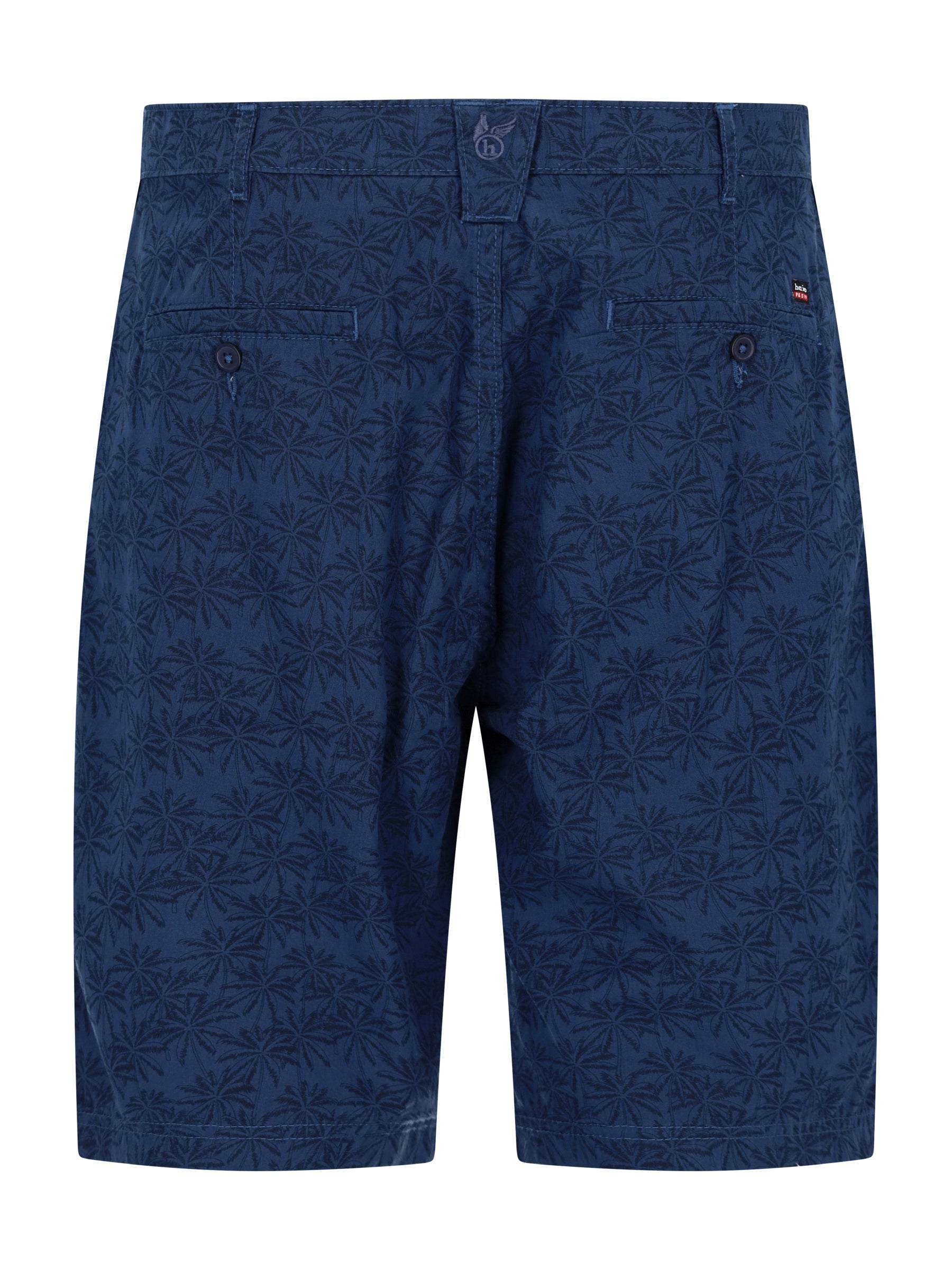 Elastische Bermudashort allover bedruckt in Dunkelblau mit dezentem Palmenmuster