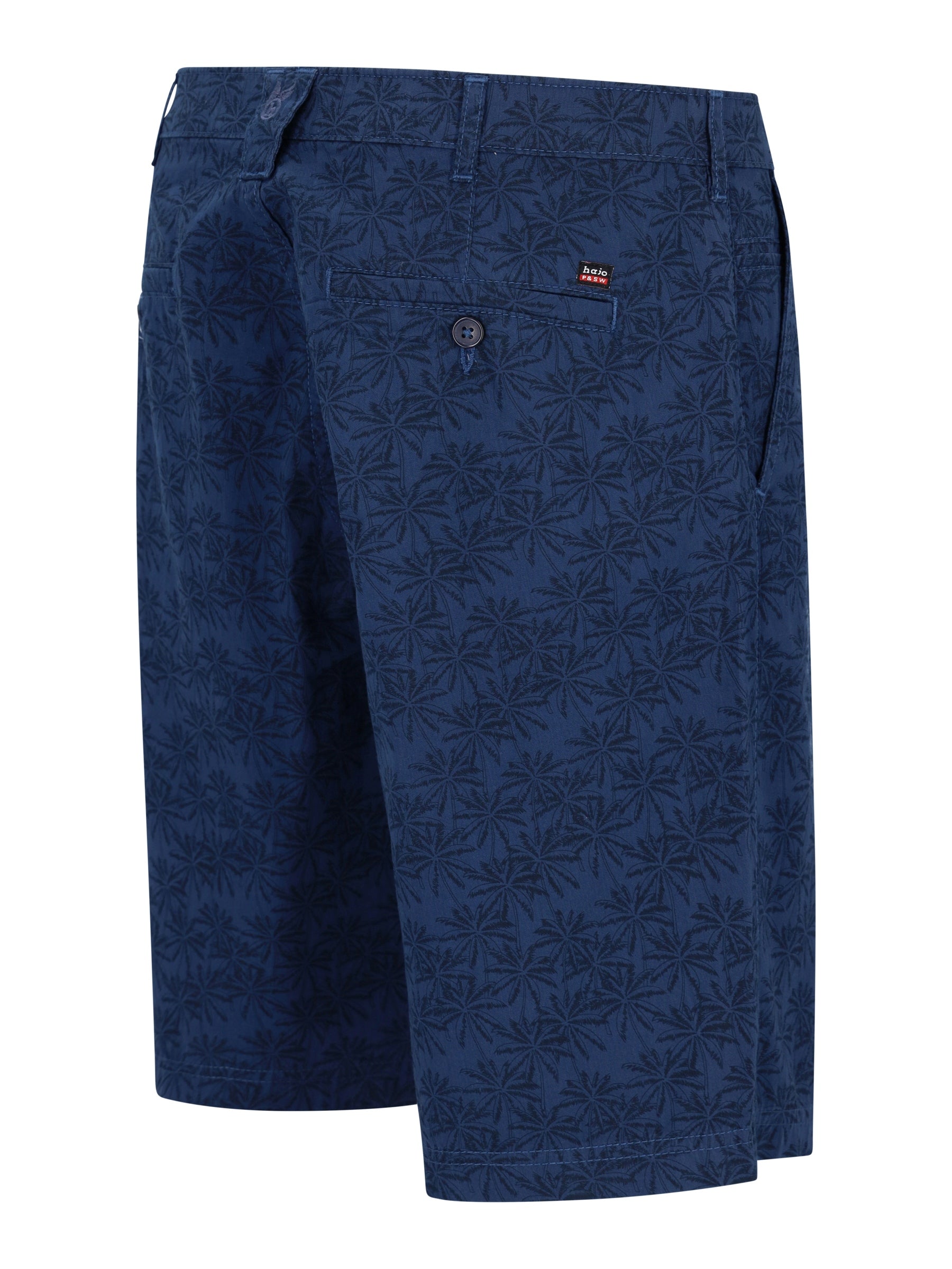 Rückseite elastische Bermudashort dunkelblau mit dezentem Palmenmuster