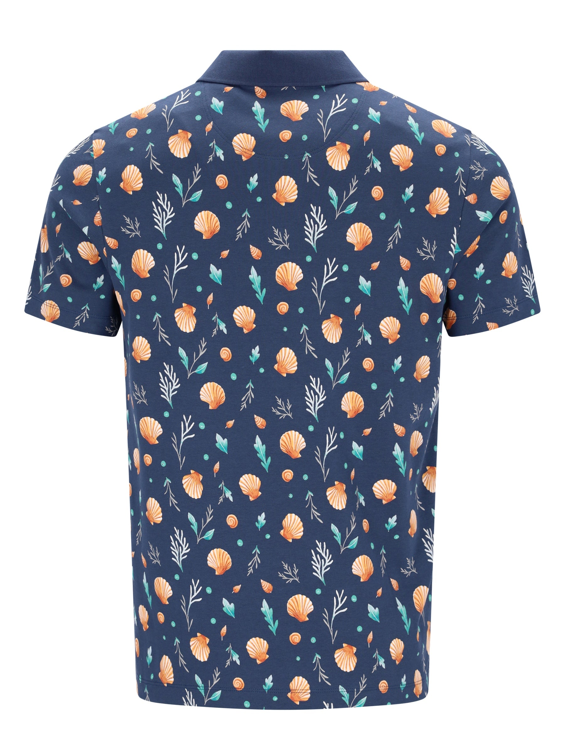 Navyblaues Poloshirt mit maritimem Alloverdruck aus Baumwolle