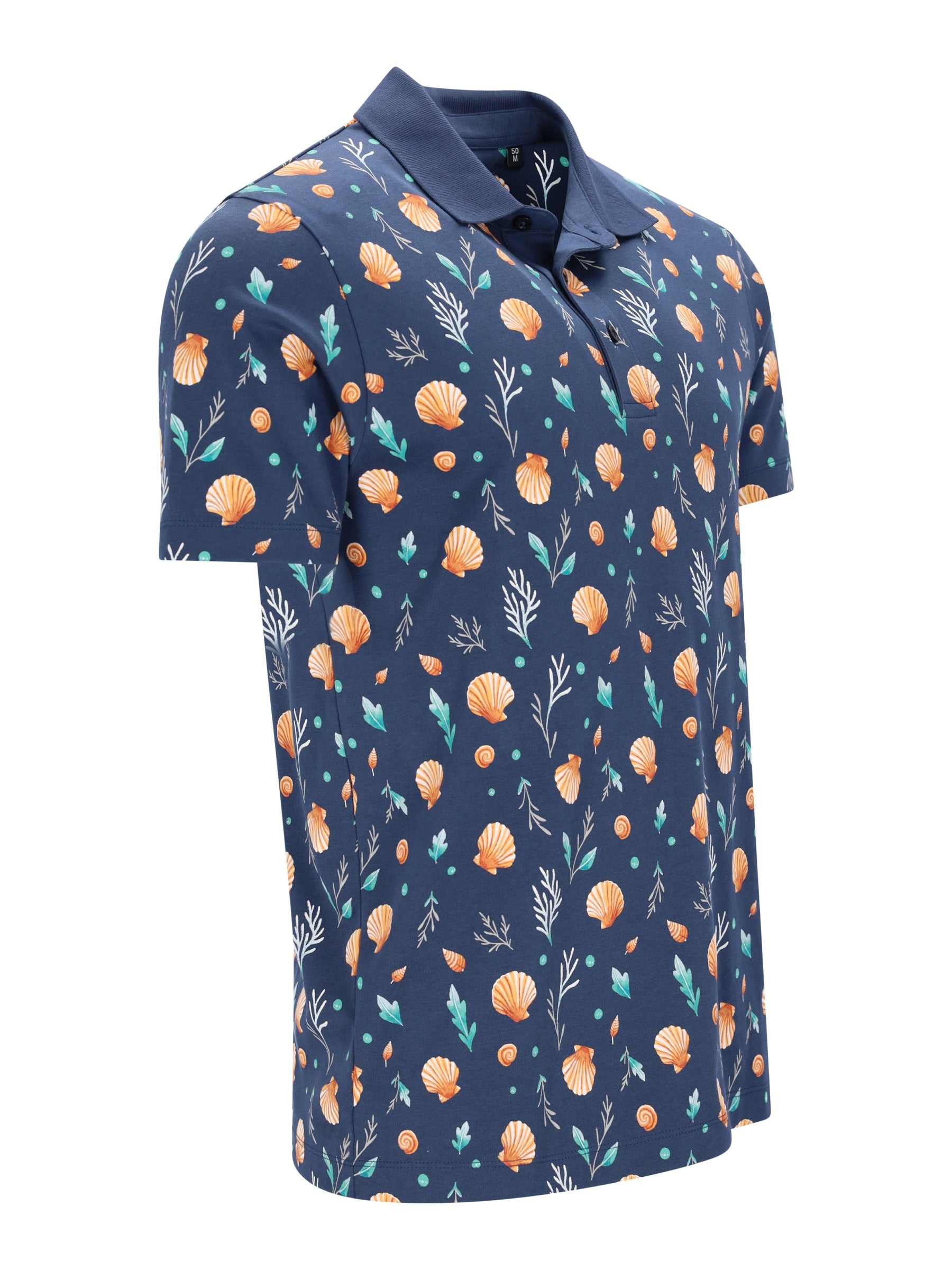 Marine Poloshirt aus Baumwolle mit Muschel-Seegras-Alloverdruck