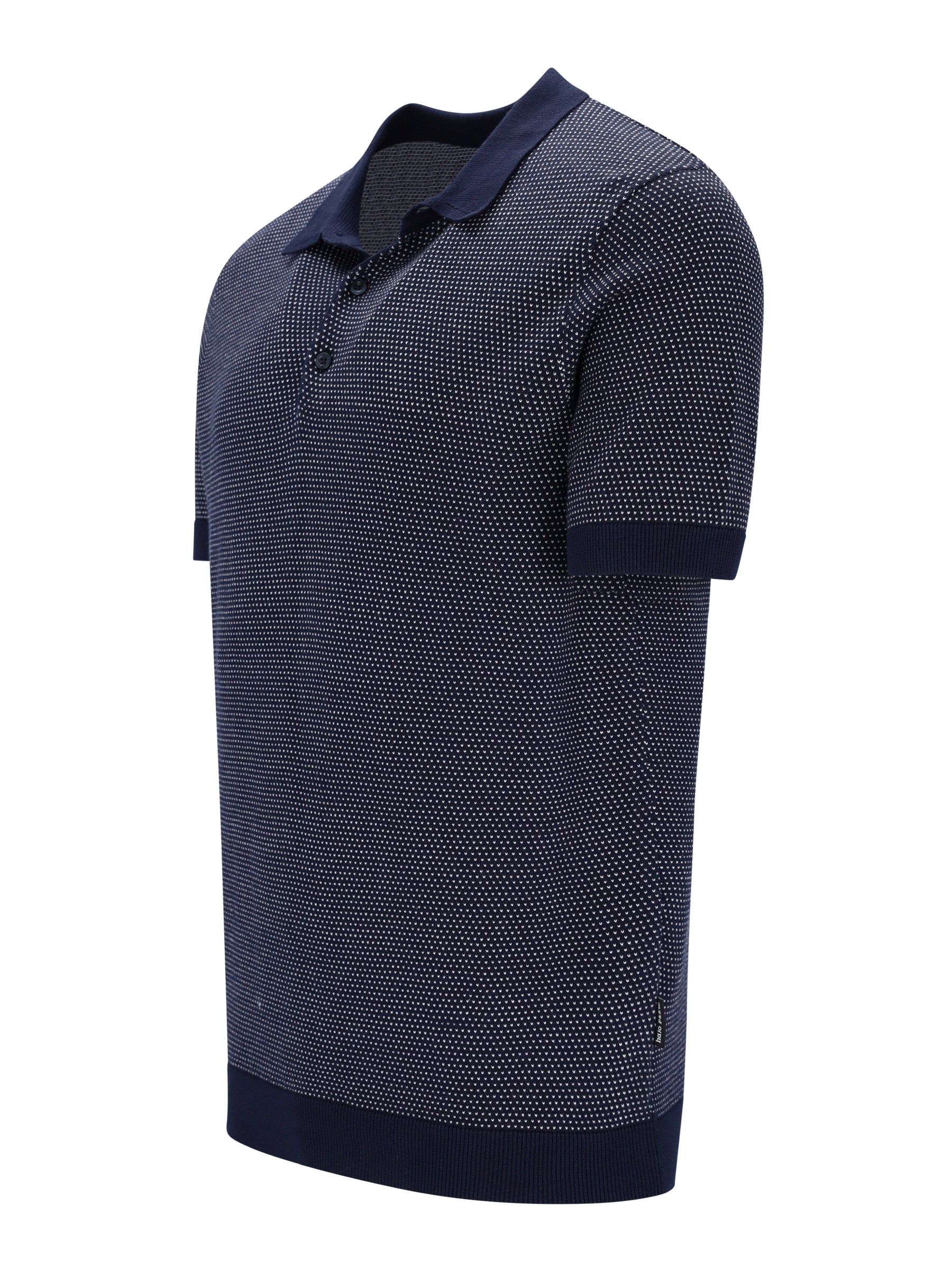 Strickpolo in Blousonform mit Allover-Jacquard, marineblau mit weißem Punktmuster