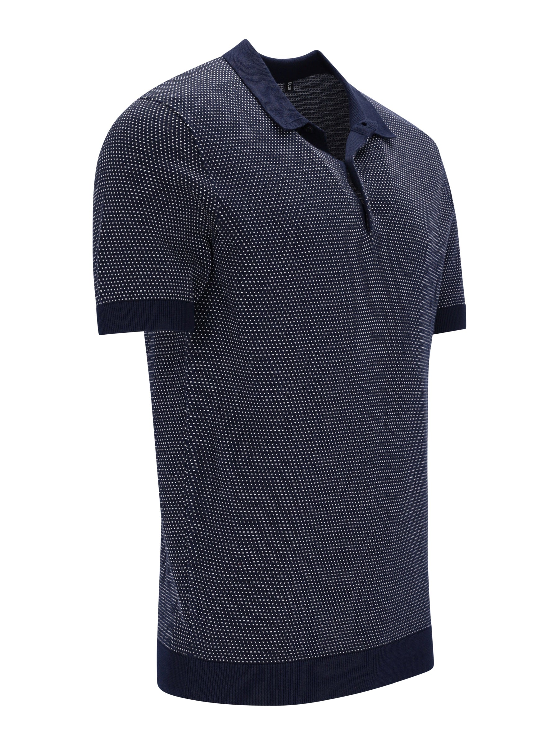 Strickpolo in Blousonform mit Allover-Jacquard, marineblau mit weißem Punktmuster
