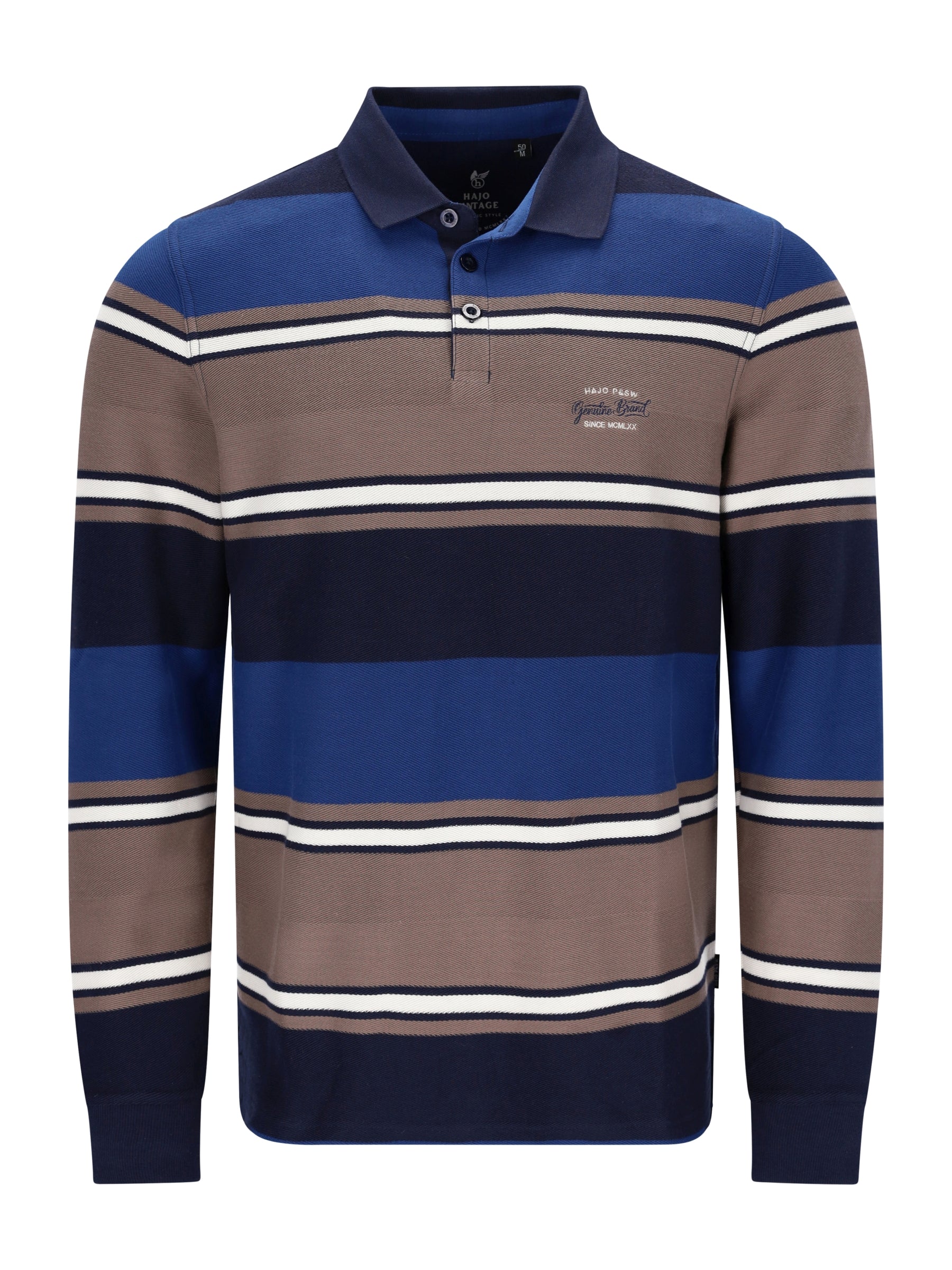 Ein herren rugbyshirt in herringbone-optik mit garngefärbtem streifenverlauf in marine blau beige und weiß