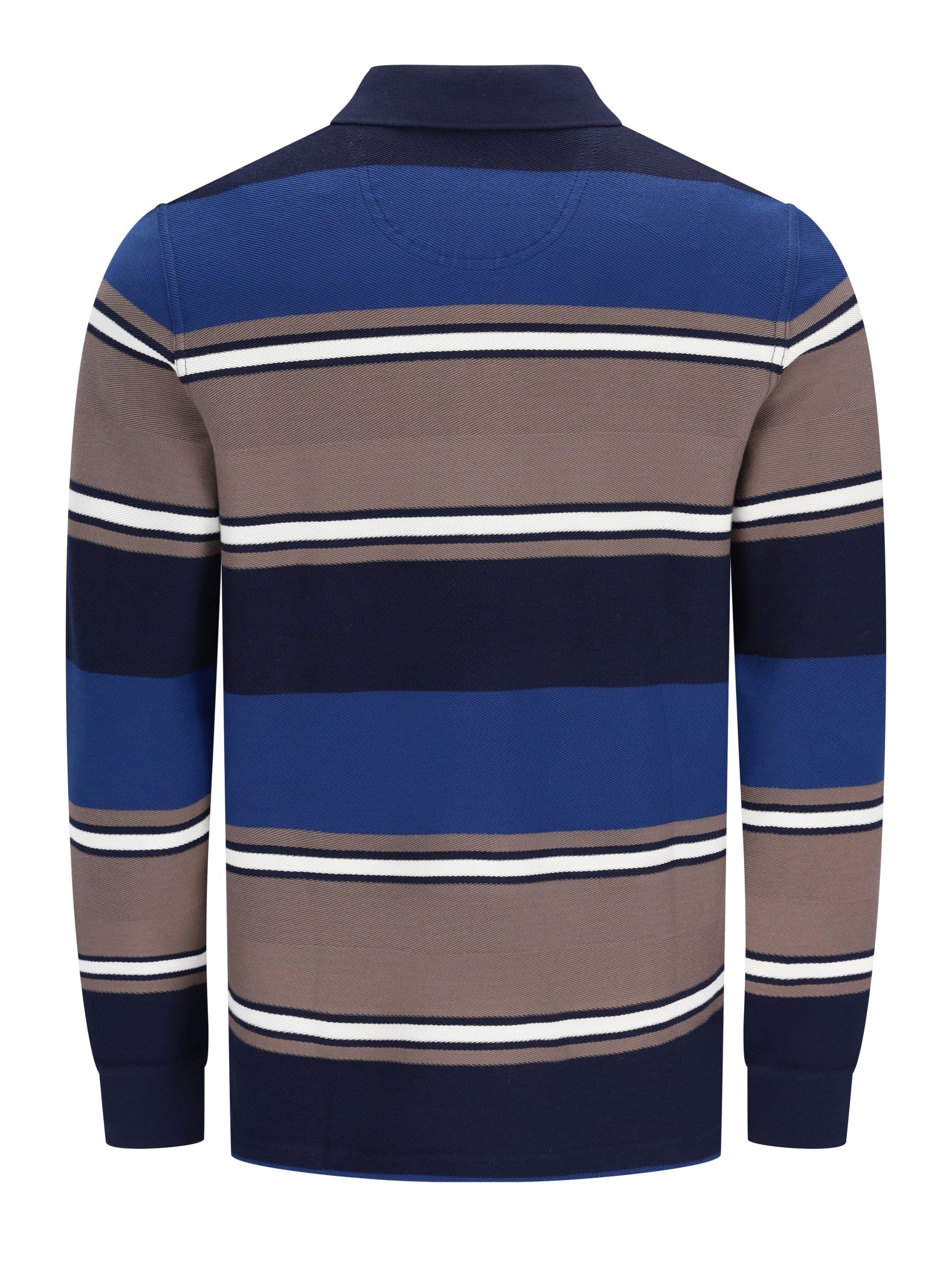 Navyblau braun weiß gestreiftes rugbyshirt mit ribkragen in herringbone-optik und garngefärbtem streifenverlauf