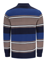 Navyblau braun weiß gestreiftes rugbyshirt mit ribkragen in herringbone-optik und garngefärbtem streifenverlauf