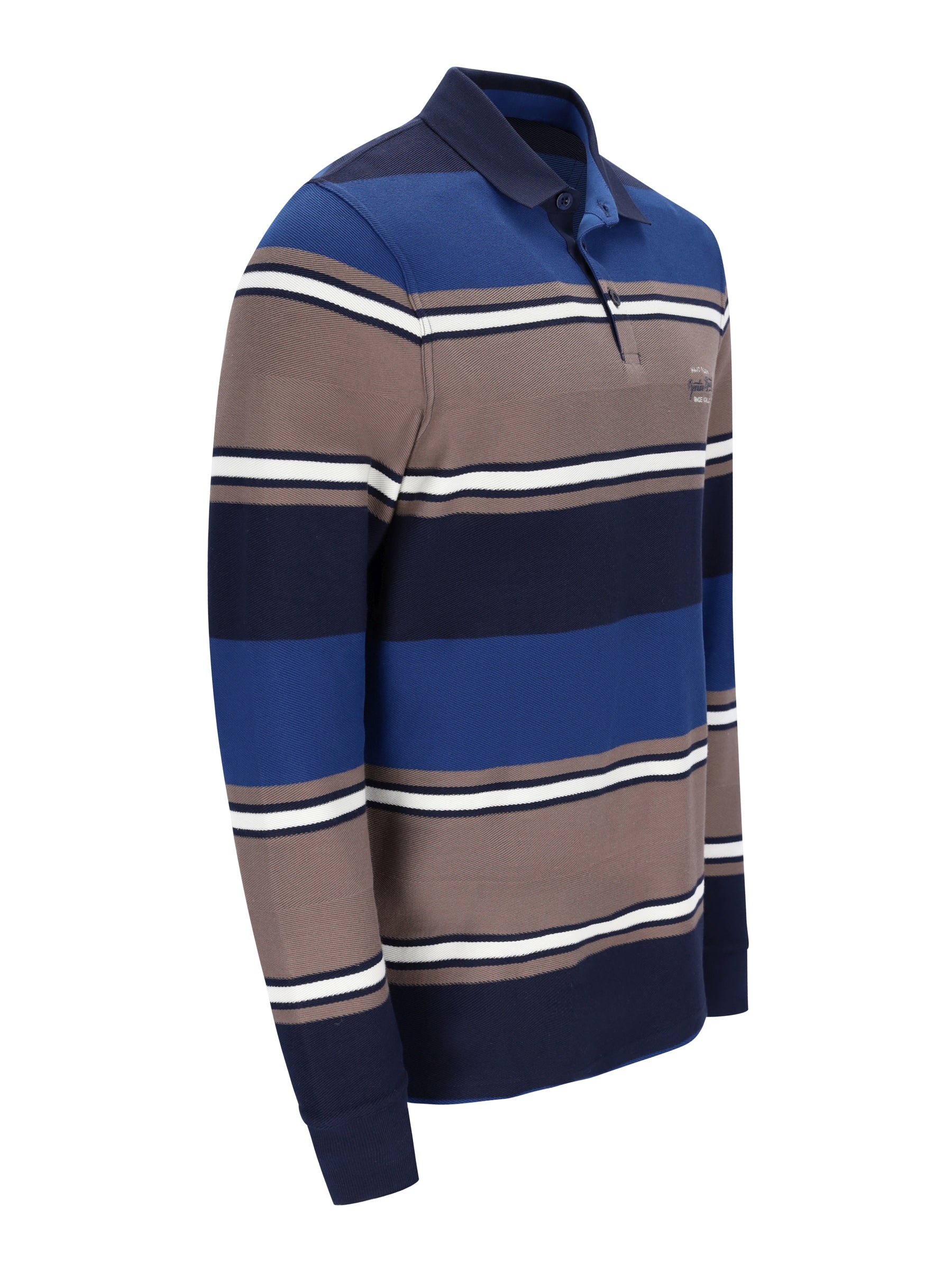 Rugbyshirt in herringbone-optik mit garngefärbtem blau-braun gestreiftem langarm-polohemd mit weißen akzenten