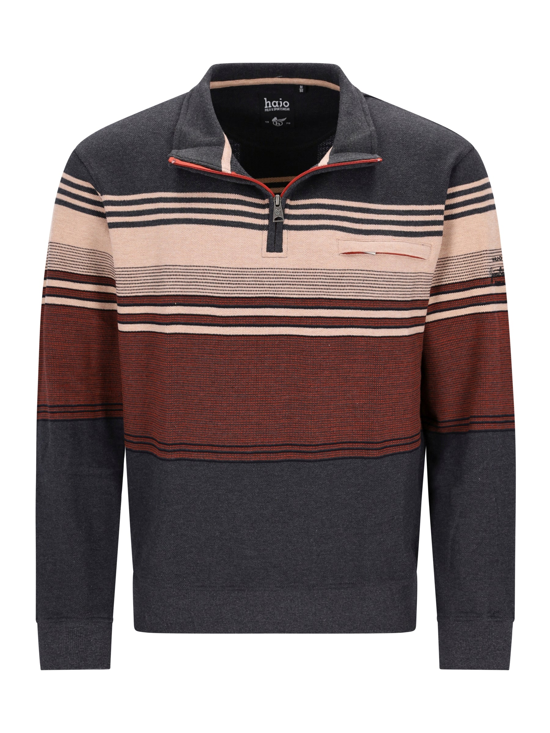 Troyer sweatshirt mit platziertem streifen in dunkelgrau mit beige und rostbraun horizontalen streifen und strukturstrick