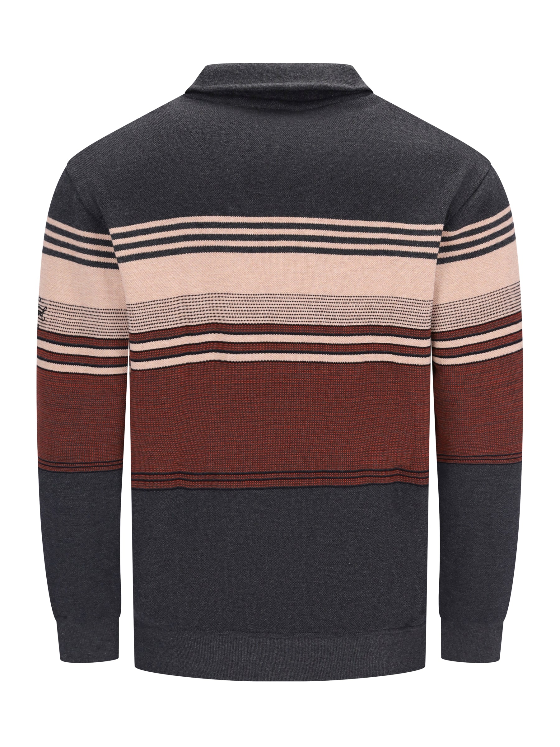 Herren strickpullover mit rippenkragen und horizontalen streifen in dunkelgrau beige und rostbraun für frischen look