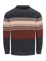 Herren strickpullover mit rippenkragen und horizontalen streifen in dunkelgrau beige und rostbraun für frischen look