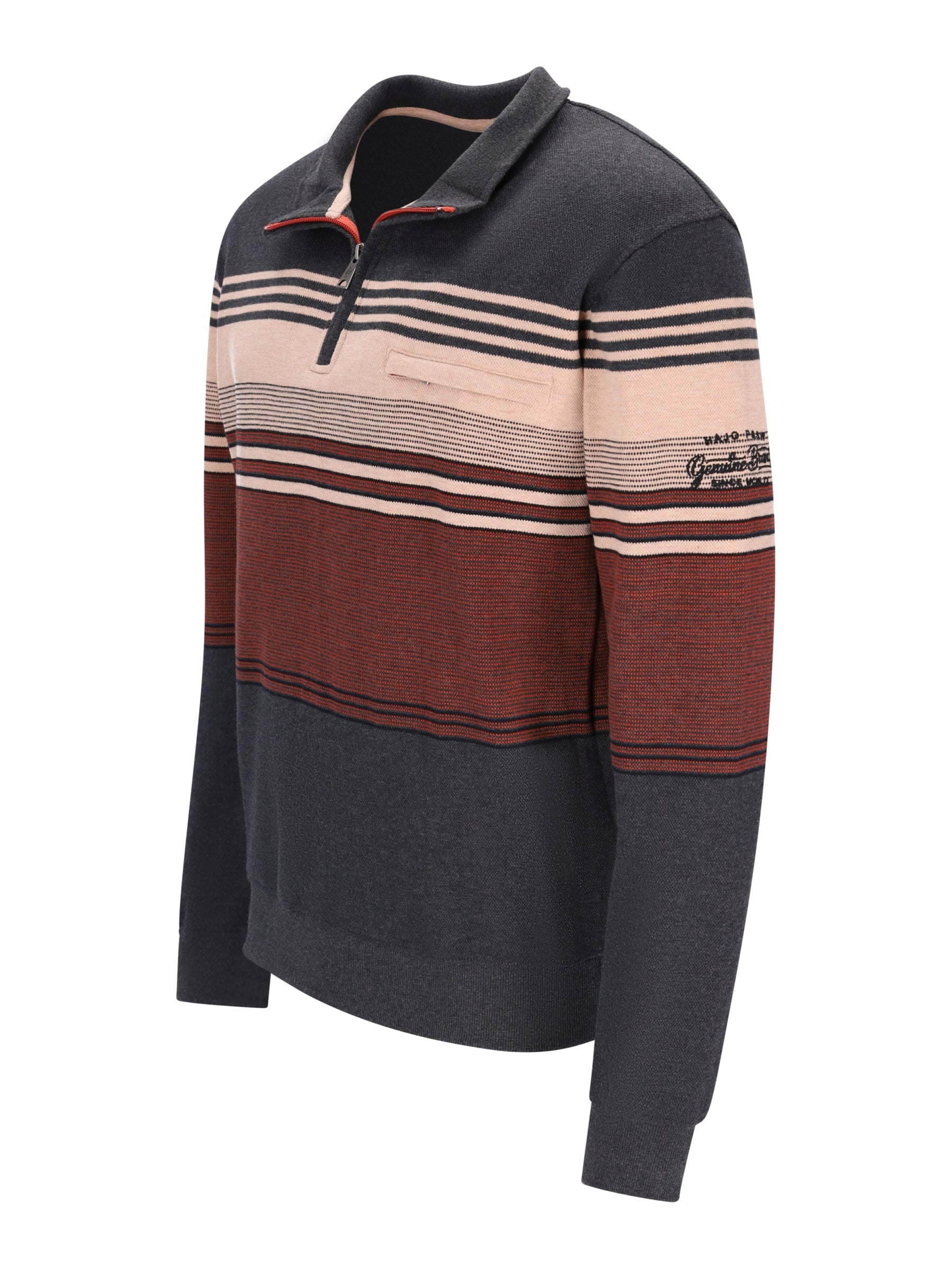 Troyer-sweatshirt mit platziertem streifen dunkelgrau mit beigen und rostfarbenen streifen und halbzippkragen