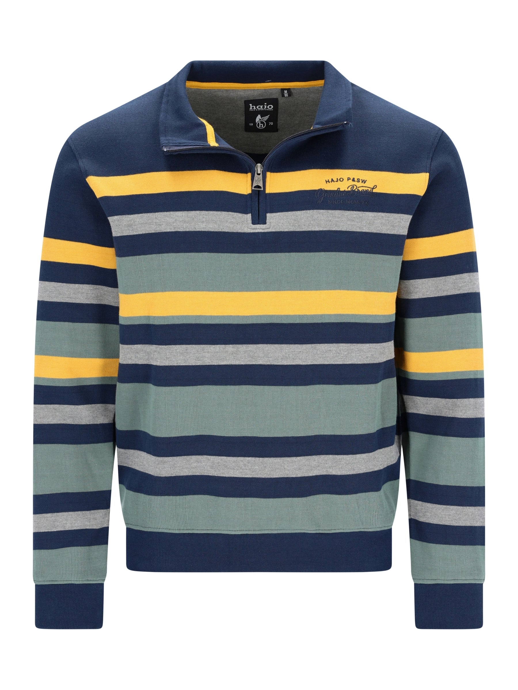 Stehkragensweatshirt mit platziertem streifendessin in marineblau gelb und grau aus reiner baumwolle mit halbreißverschluss