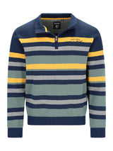 Stehkragensweatshirt mit platziertem streifendessin in marineblau gelb und grau aus reiner baumwolle mit halbreißverschluss