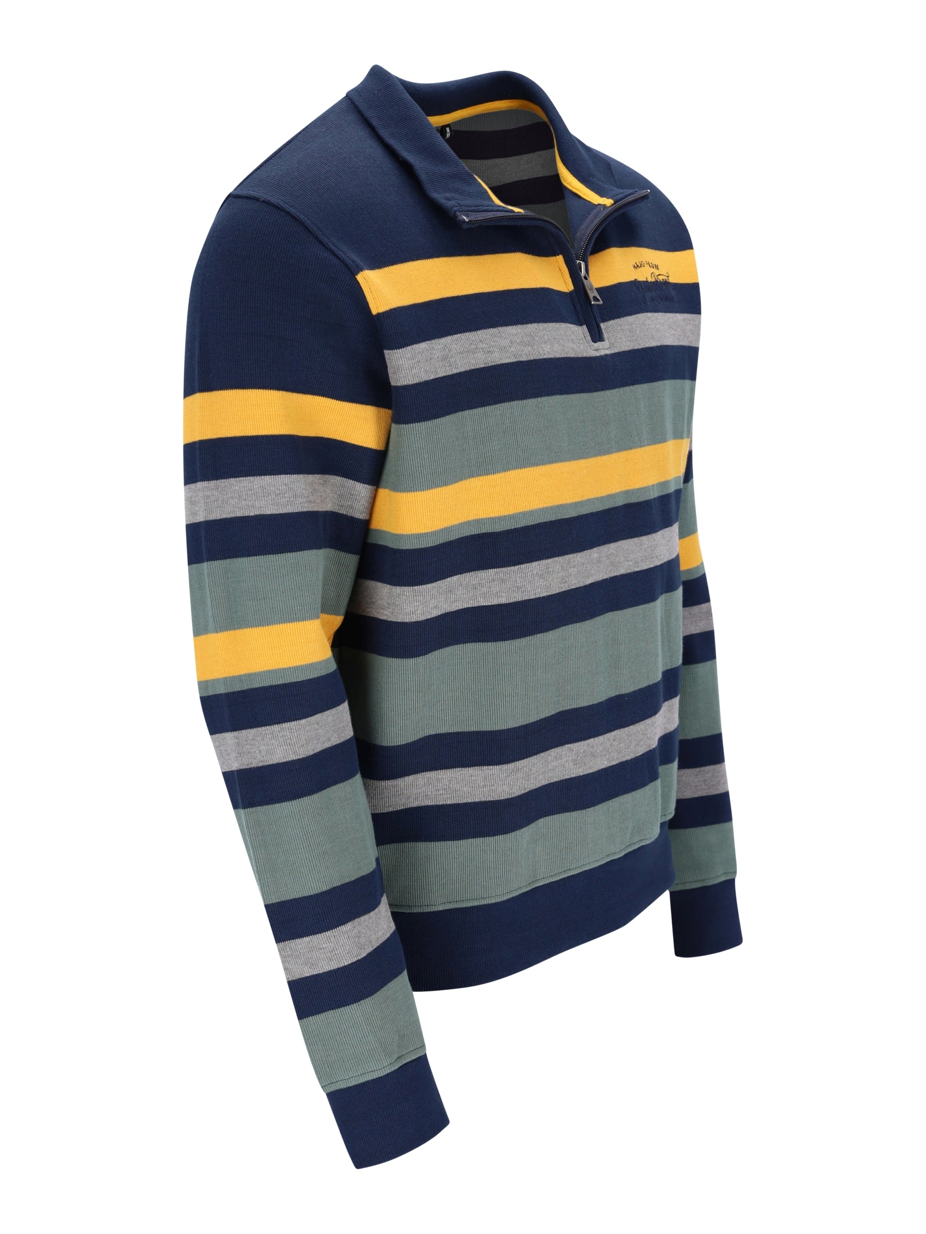 Stehkragensweatshirt mit platziertem streifendessin in marineblau gelb und grau aus reiner baumwolle mit rippenstrickkragen und bündchen