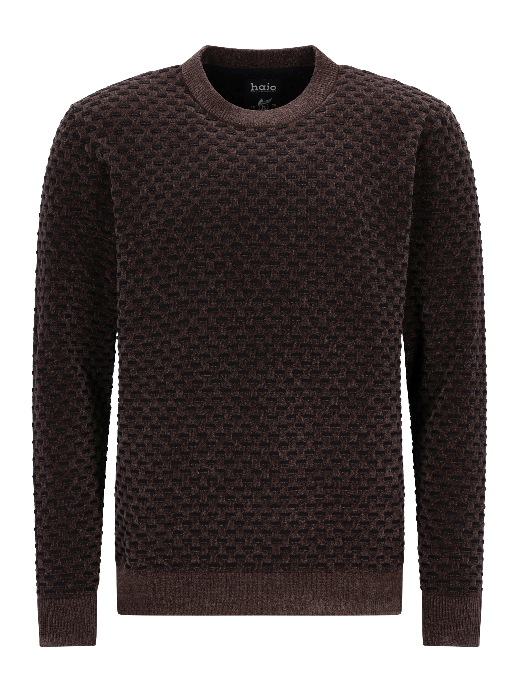 Dunkelbrauner chenille-pullover mit zweitonjacquard, strukturierter strickoptik und gerippten bündchen