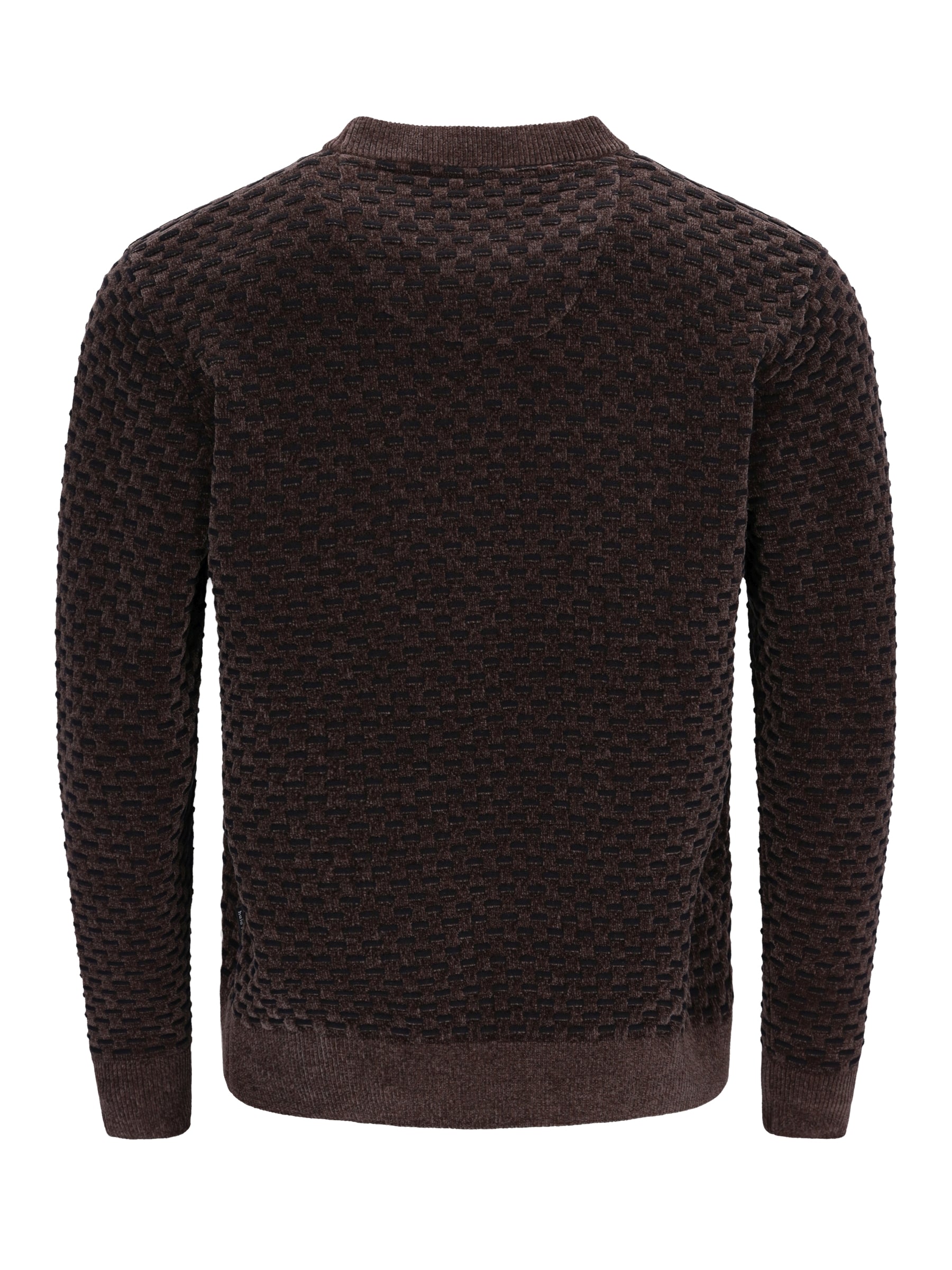 Dunkelbrauner chenille-pullover aus zweitonjacquard mit rundhals, rückansicht mit strukturiertem muster