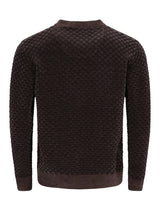 Dunkelbrauner chenille-pullover aus zweitonjacquard mit rundhals, rückansicht mit strukturiertem muster
