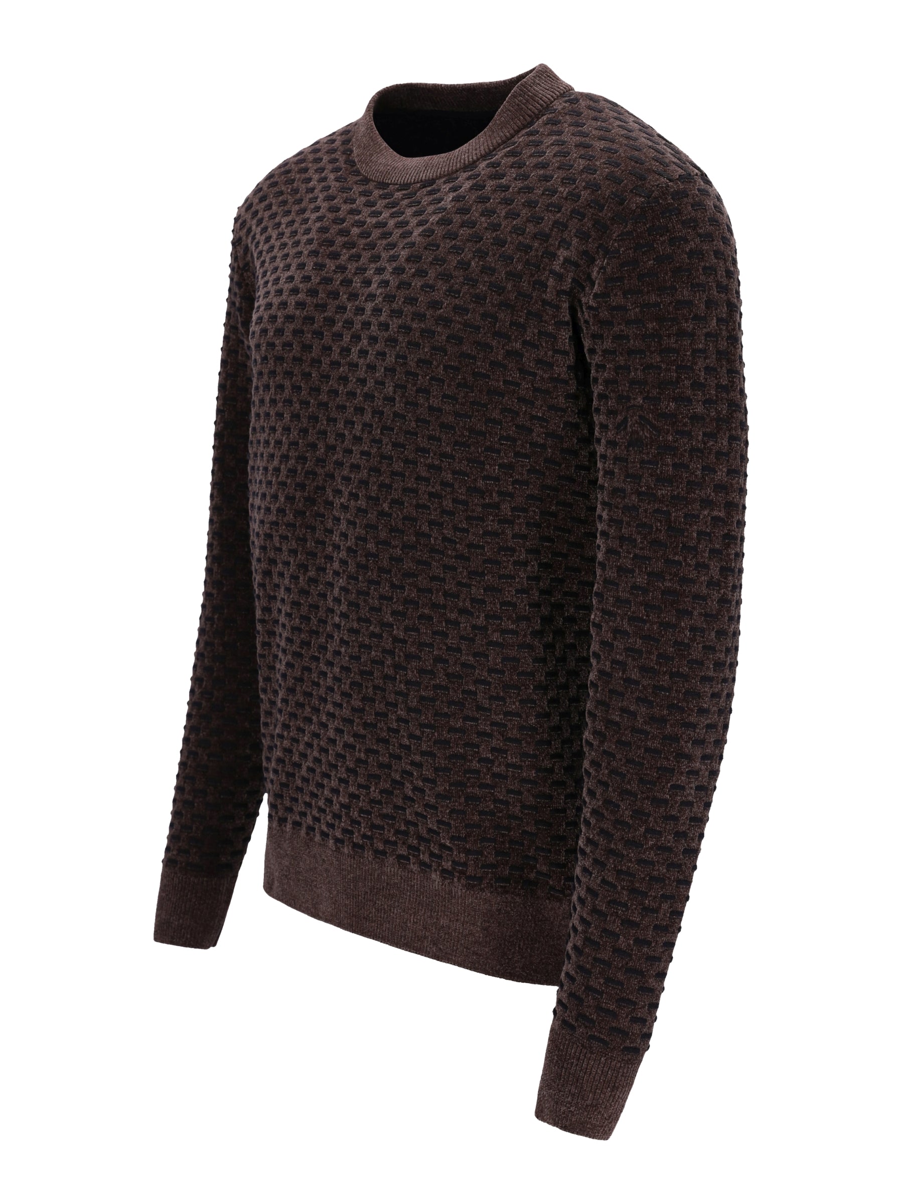 Dunkelbrauner chenille-pullover in zweitonjacquard mit strukturierter strickoptik und geripptem rundhalsausschnitt