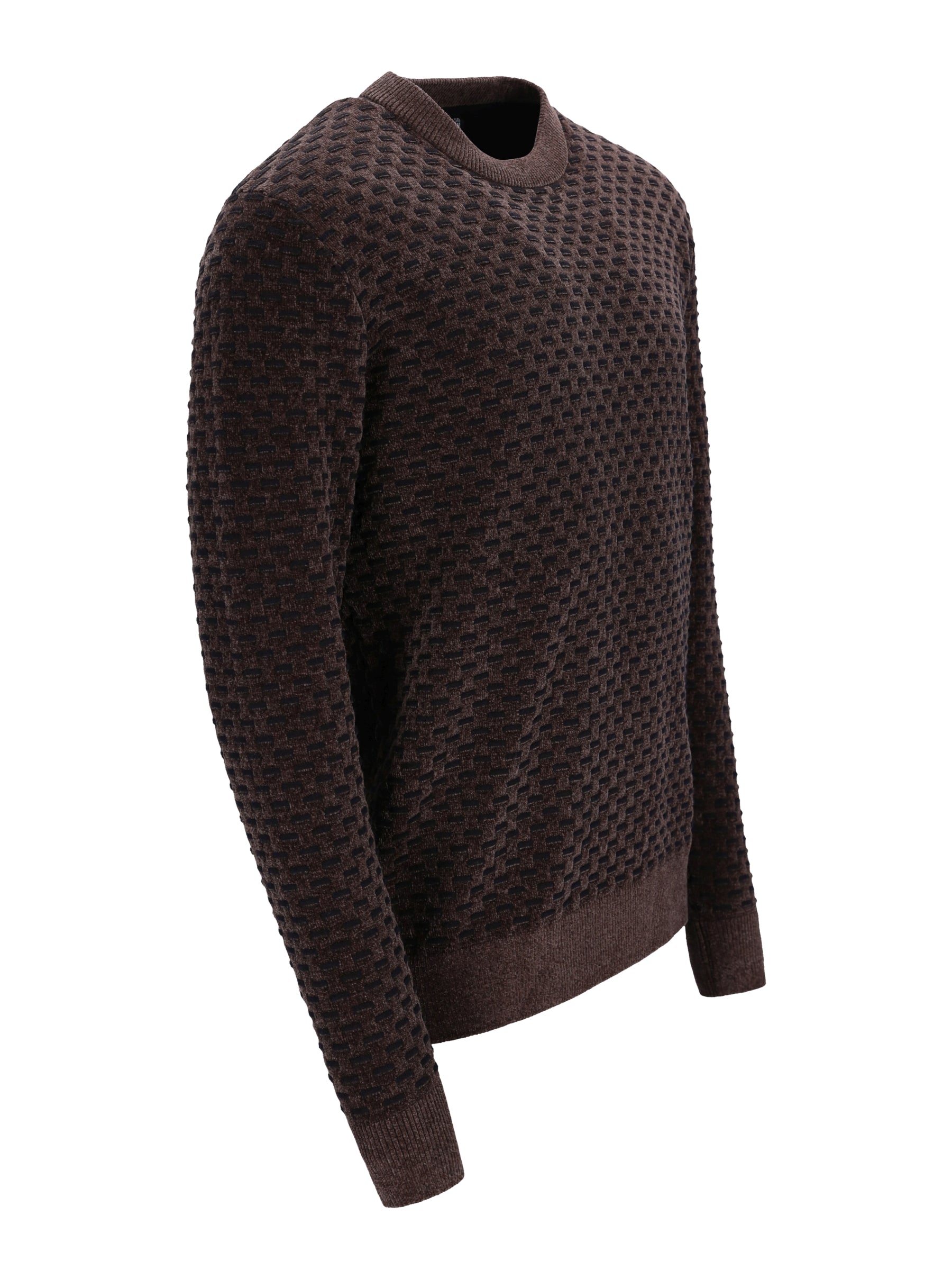 Dunkelbrauner chenille-pullover mit zweitonjacquard allover und geripptem rundhalsausschnitt und bündchen