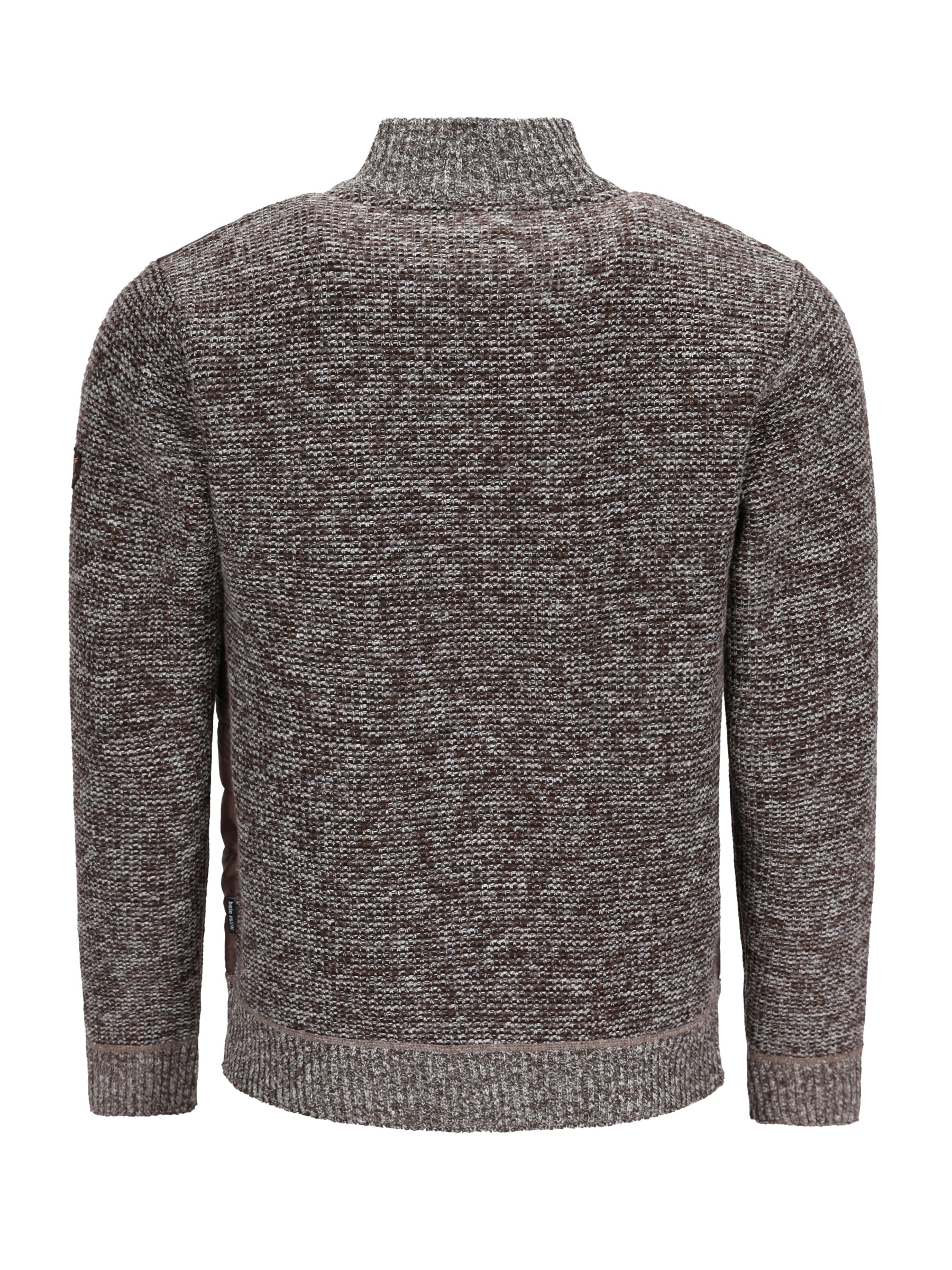 Texturierte charcoal graue strickjacke mit nyloneinsätzen vorne und einem gerippten rollkragen und bündchen