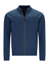 Navyblaue strickjacke mit struktur- und materialmix, seitlichen eingriffstaschen und horizontalen reliefstreifen