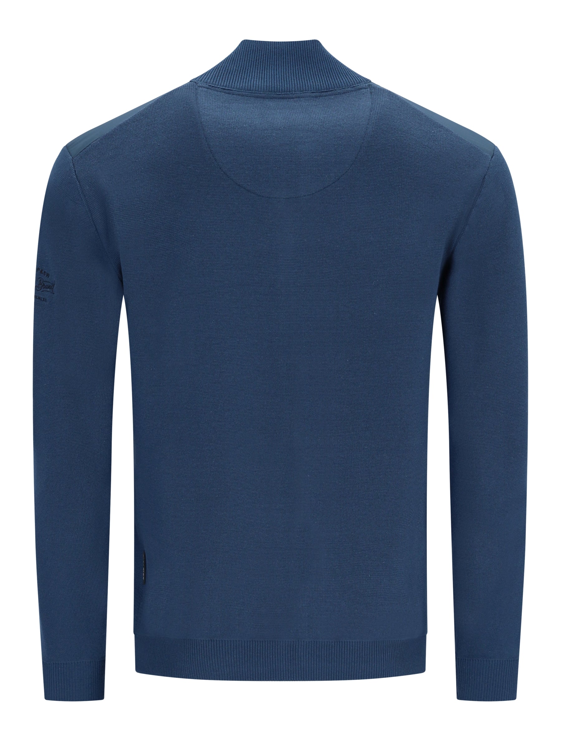 Navyblauer ribstrickpullover mit mockneck und subtiler struktur in strickjacke mit seitentaschen