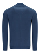 Navyblauer ribstrickpullover mit mockneck und subtiler struktur in strickjacke mit seitentaschen