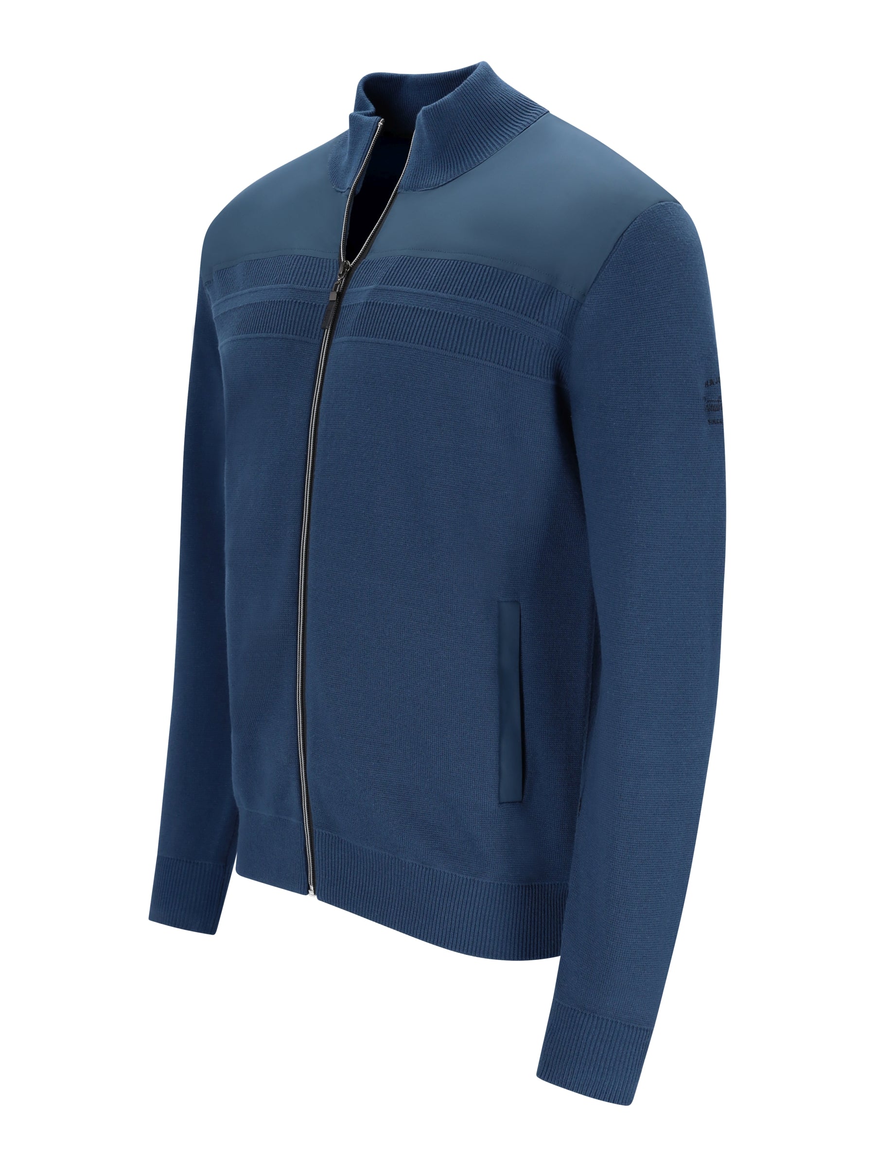 Navy blaue strickjacke mit struktur- und materialmix, zip-up, mit seitlichen eingriffstaschen und geripptem kragen und bündchen